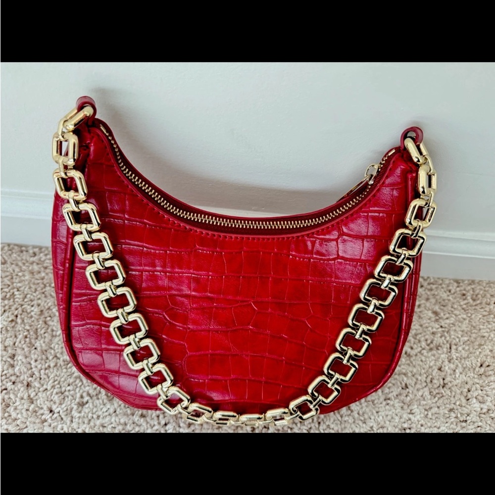 Zara Red Croc-Embossed Bag with Gold Chain